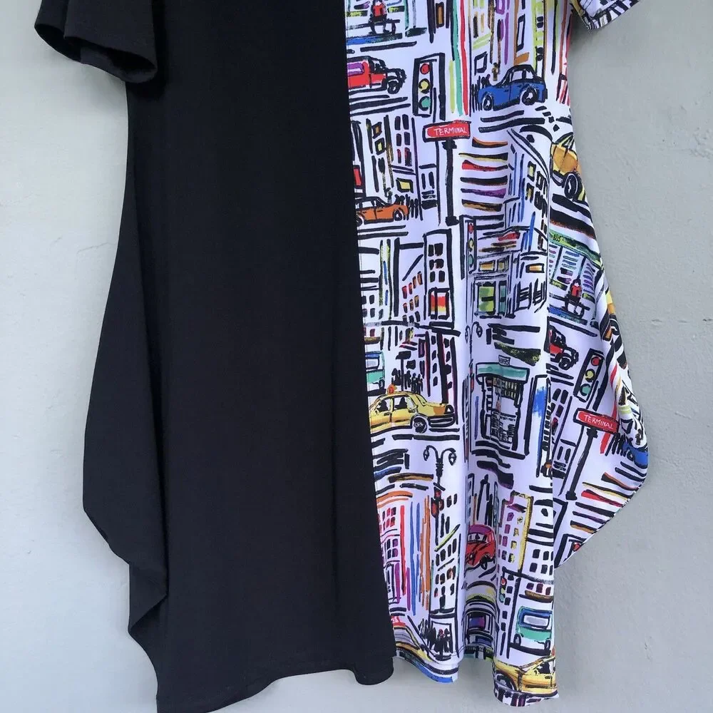Joseph Ribkoff Dress Size 14/XL Black City Print Jersey Stretch Artsy Whimsical